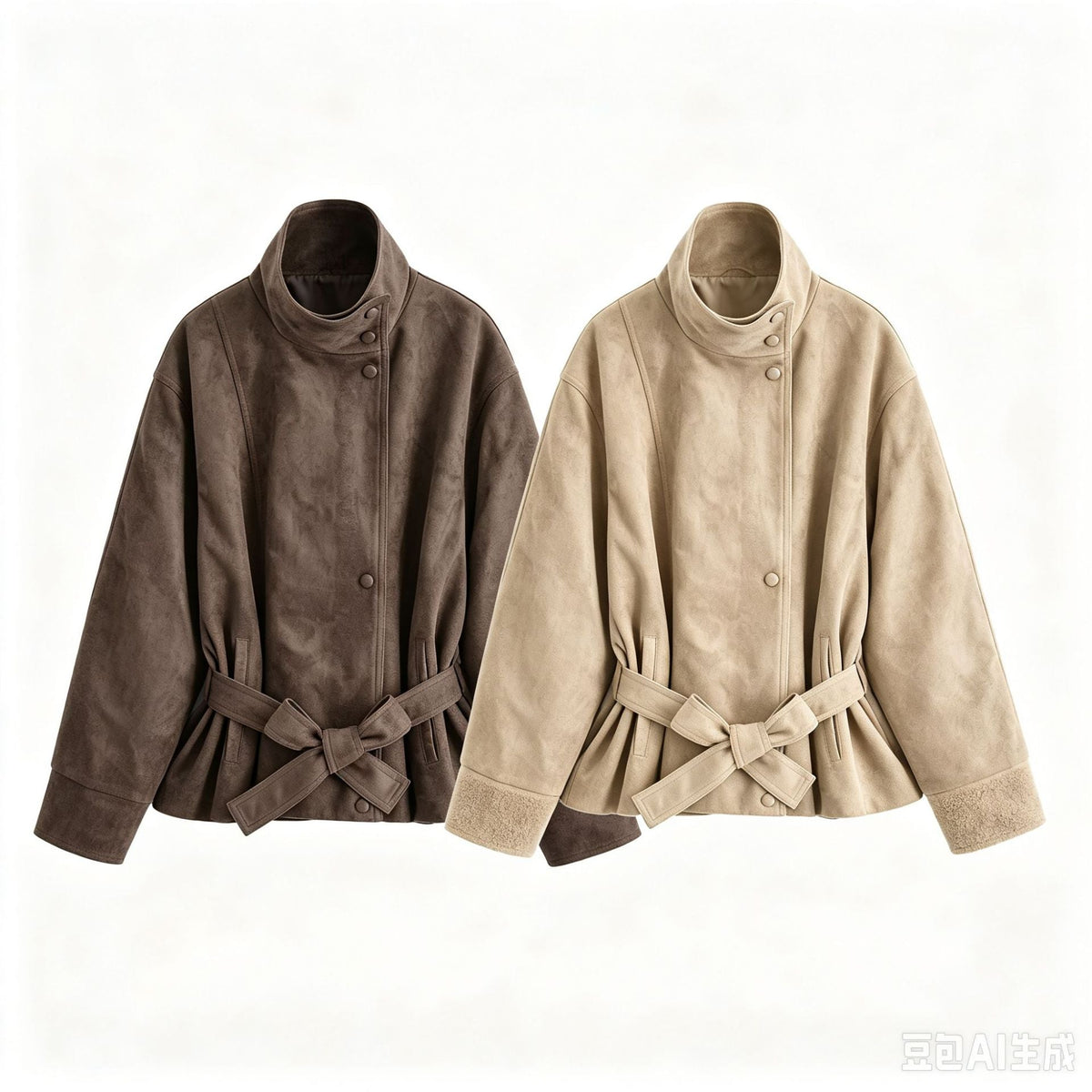 Women's Faux Suede Short Jacket with Stand Collar and Tie Belt