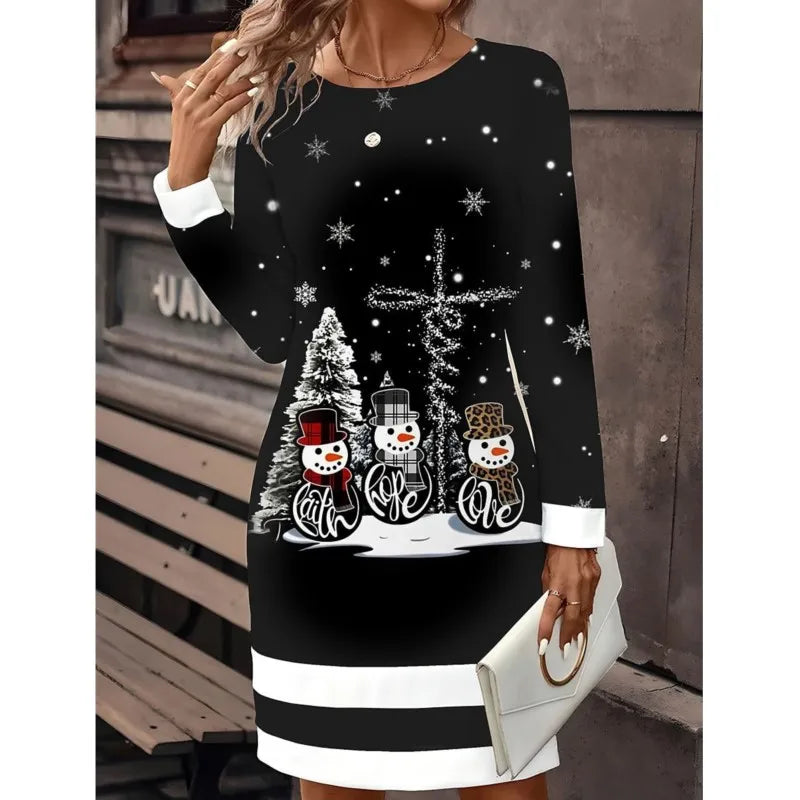 Women's Festive Snowman Print Christmas Sweater Dress