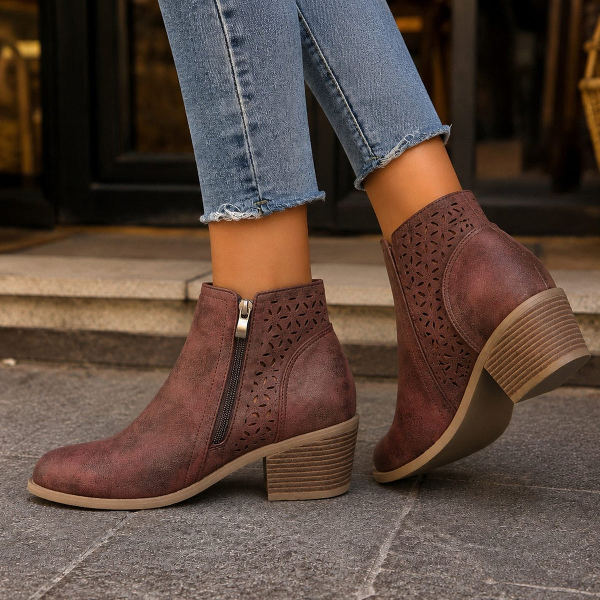Women's Floral Cutout Side-Zip Block Heel Ankle Boots