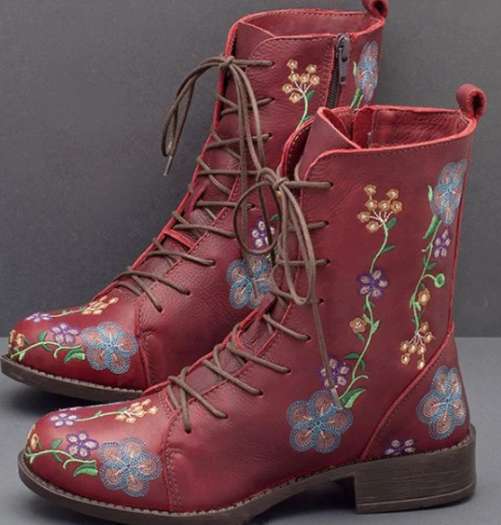 Women's Floral Embroidered Combat Ankle Boots with Side Zipper and Cushioned Insole