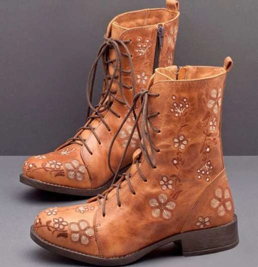 Women's Floral Embroidered Combat Ankle Boots with Side Zipper and Cushioned Insole