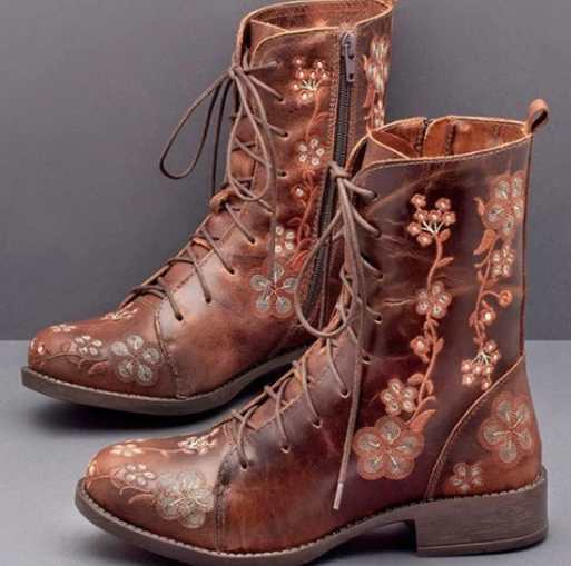 Women's Floral Embroidered Combat Ankle Boots with Side Zipper and Cushioned Insole