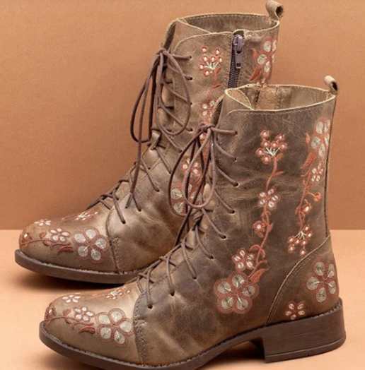Women's Floral Embroidered Combat Ankle Boots with Side Zipper and Cushioned Insole