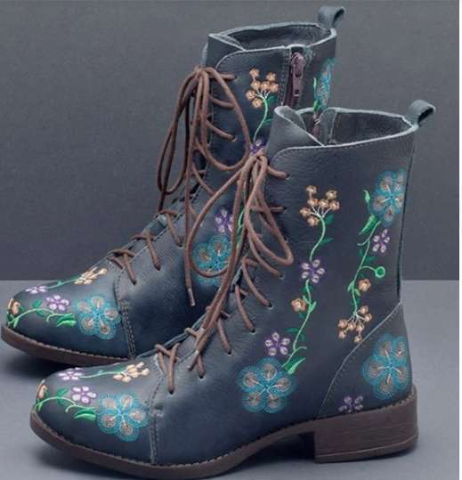 Women's Floral Embroidered Combat Ankle Boots with Side Zipper and Cushioned Insole