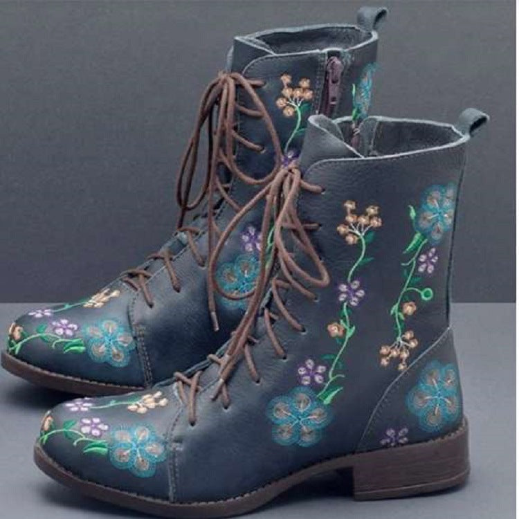 Women's Floral Embroidered Combat Ankle Boots with Side Zipper and Cushioned Insole
