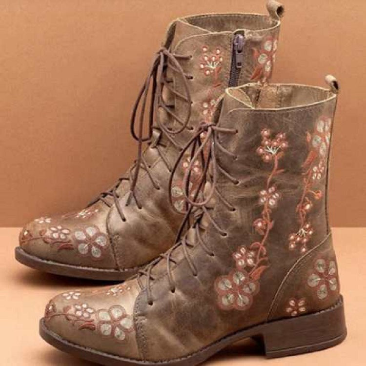 Women's Floral Embroidered Combat Ankle Boots with Side Zipper and Cushioned Insole