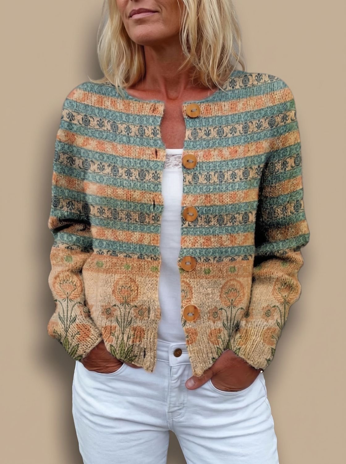 Women's Floral Long-Sleeve Knit Button-Front Cardigan