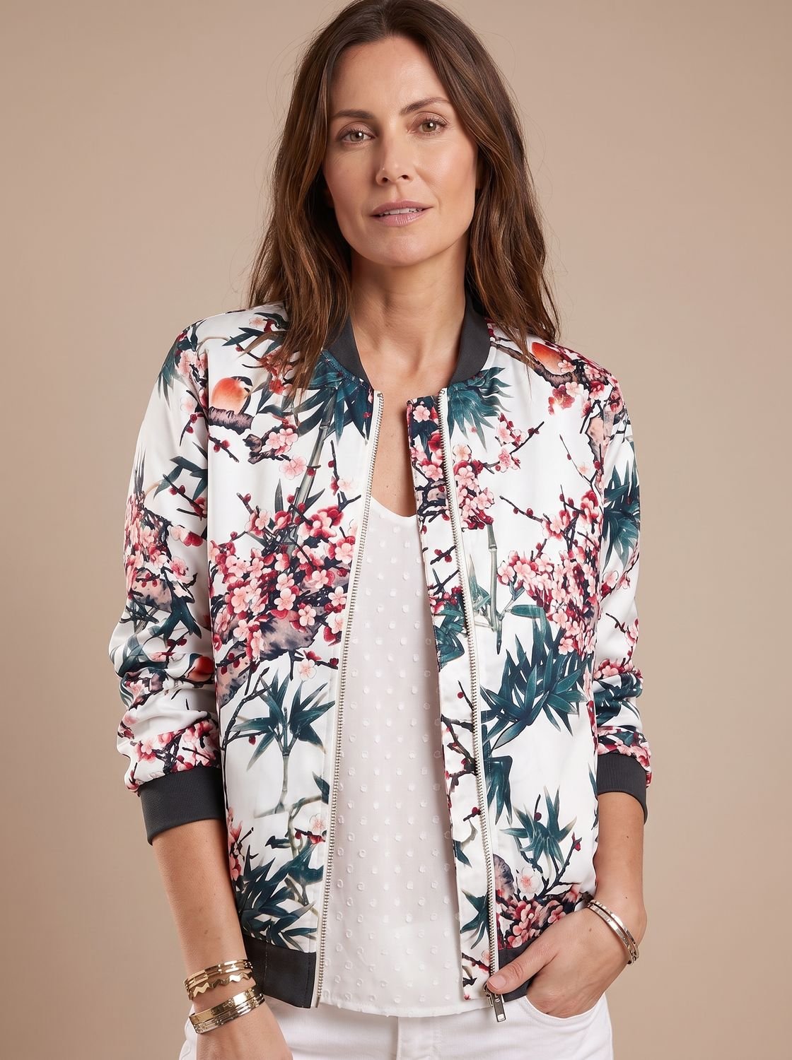 Women's Floral Print Zip-Up Bomber Jacket