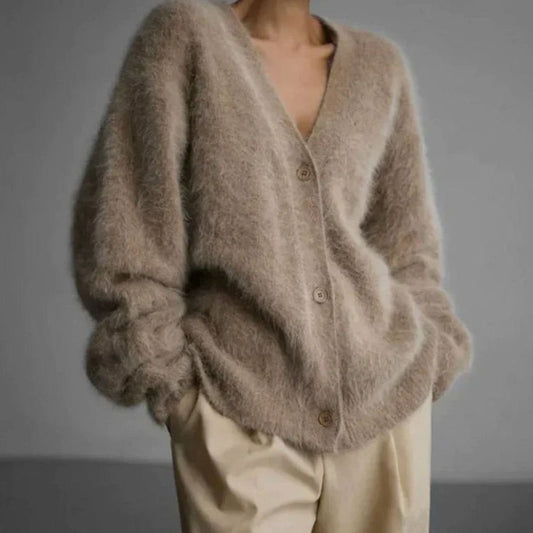 Women's Fluffy V-Neck Button-Front Oversized Cardigan Jumper