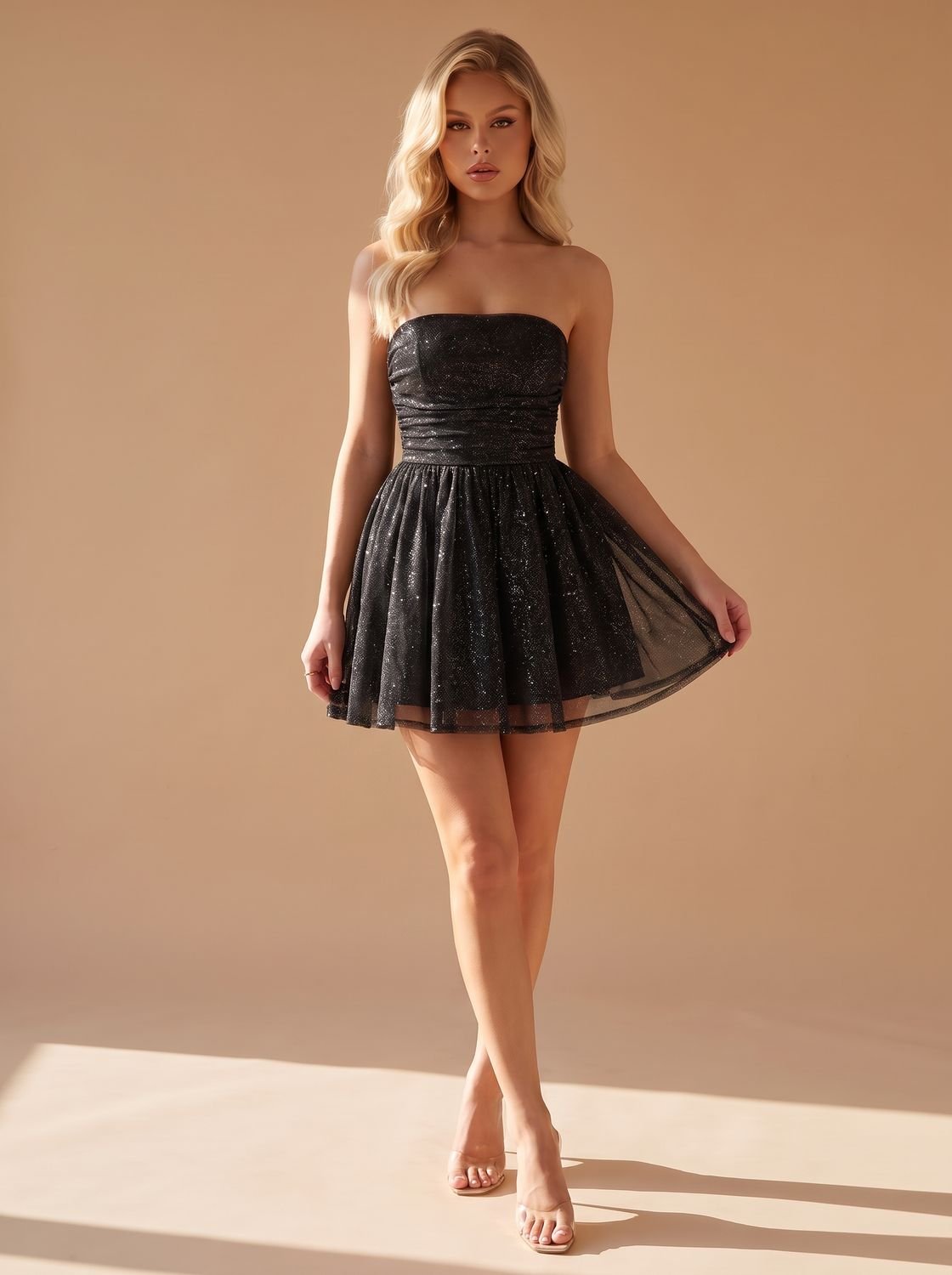 Women's Glitter Pleated Strapless Bustier Christmas Party Mini Dress