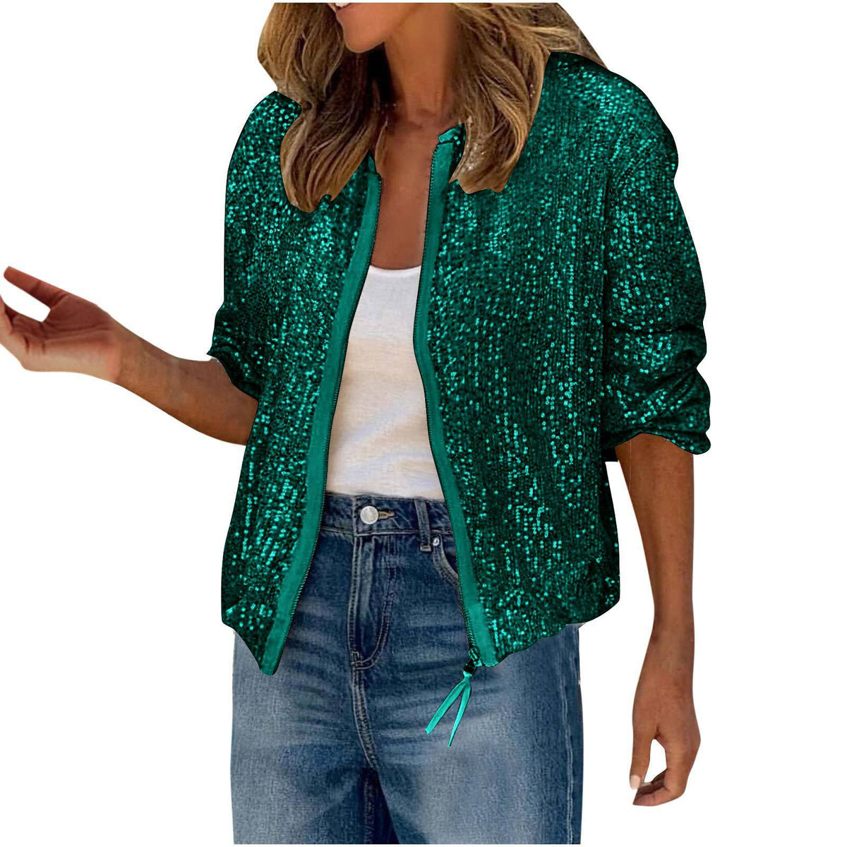 Women's Glitter Zip-Up Bomber Jacket