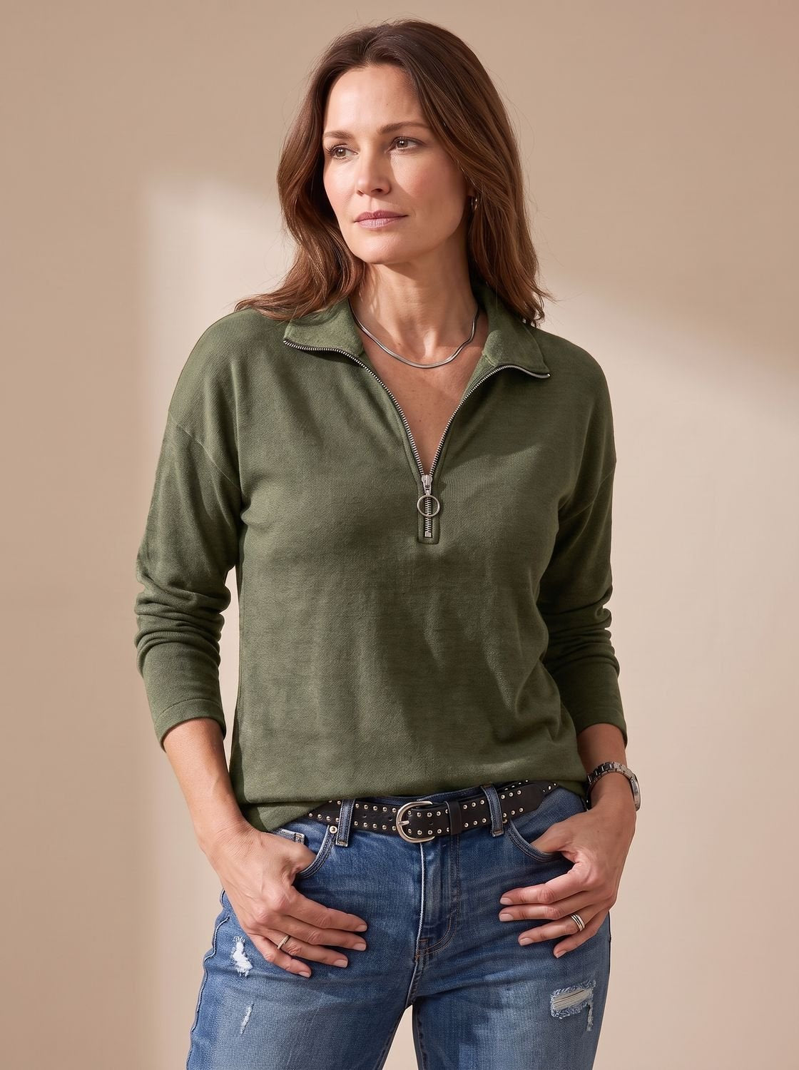 Women's Half-Zip Collared Knit Pullover Sweater