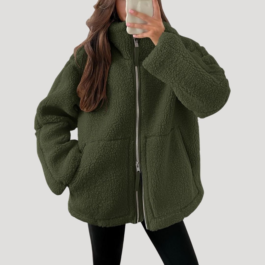 Women's High-Neck Zip-Up Teddy Jacket with Front Pockets