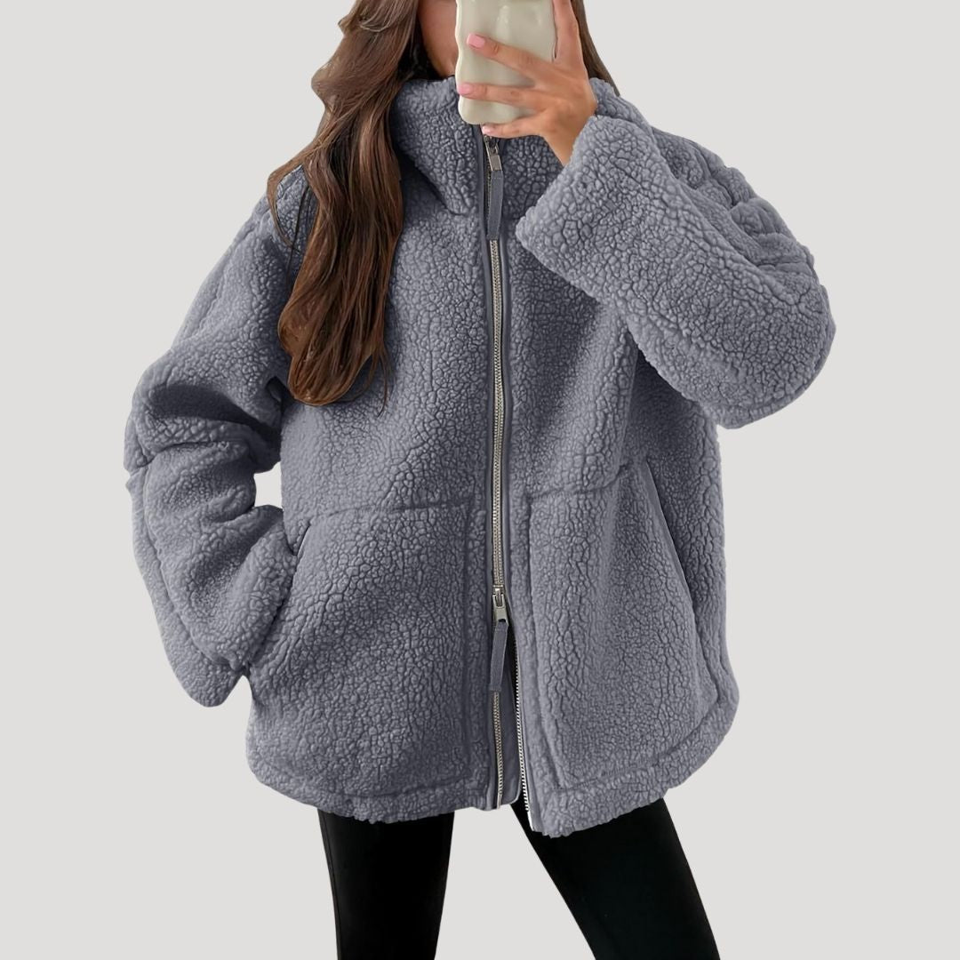 Women's High-Neck Zip-Up Teddy Jacket with Front Pockets