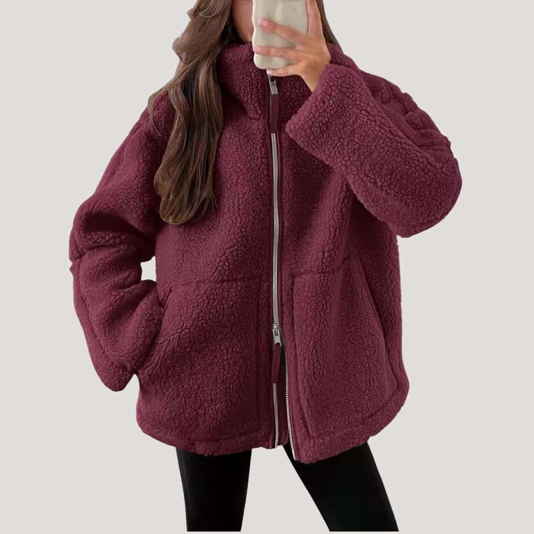 Women's High-Neck Zip-Up Teddy Jacket with Front Pockets