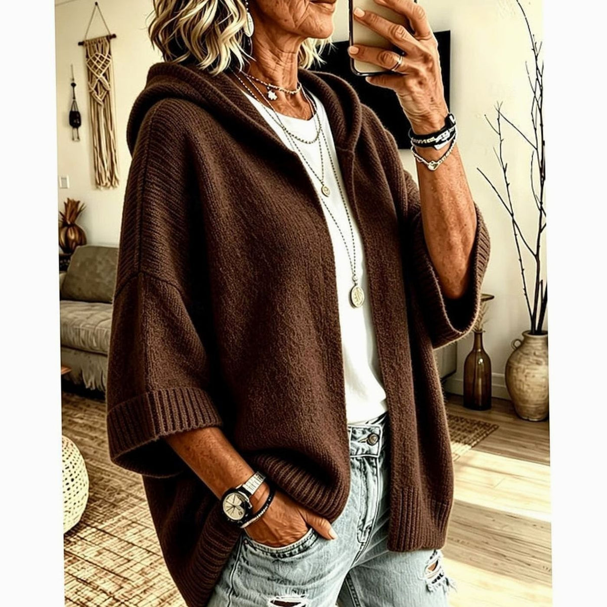 Women's Hooded Open-Front Relaxed-Fit Knit Cardigan
