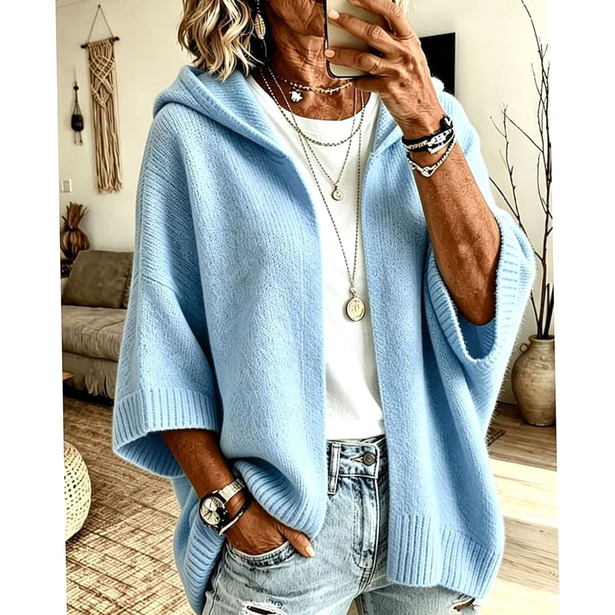 Women's Hooded Open-Front Relaxed-Fit Knit Cardigan