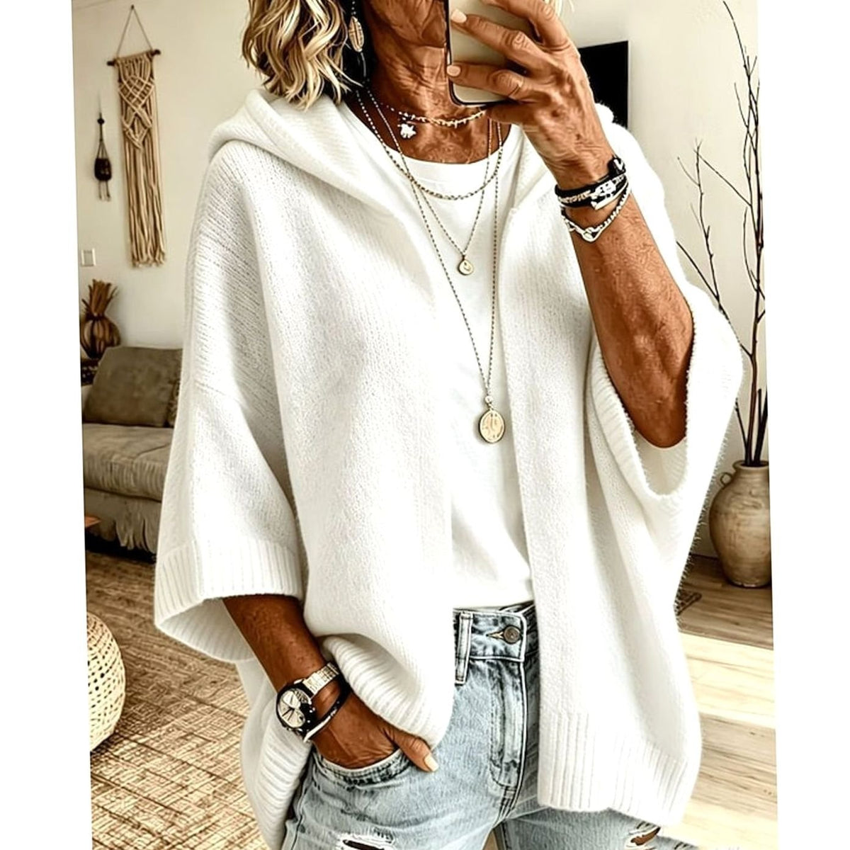 Women's Hooded Open-Front Relaxed-Fit Knit Cardigan