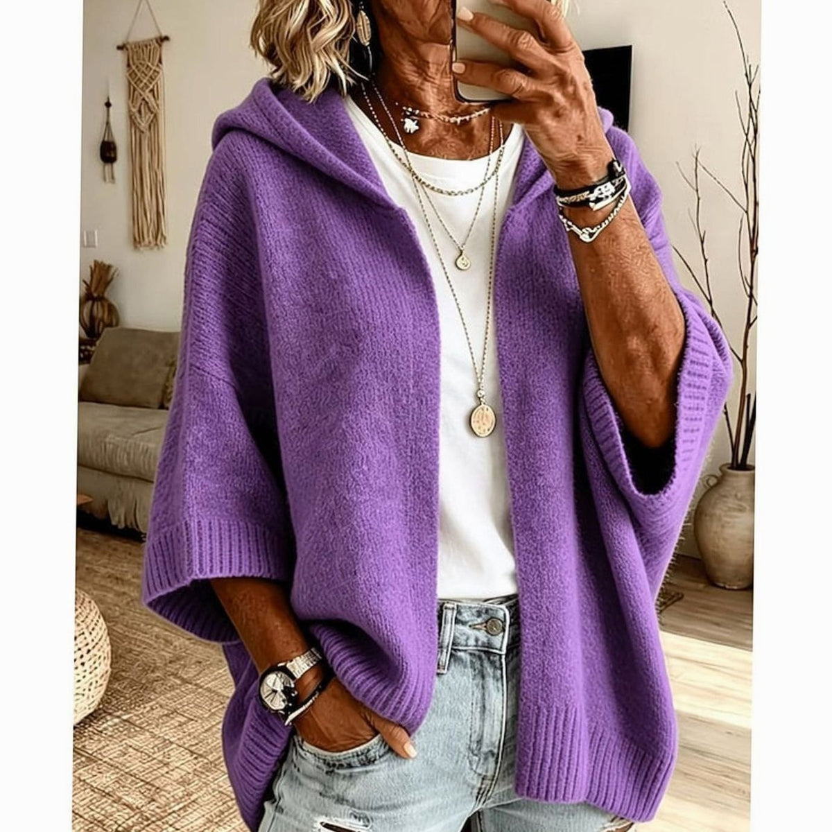 Women's Hooded Open-Front Relaxed-Fit Knit Cardigan