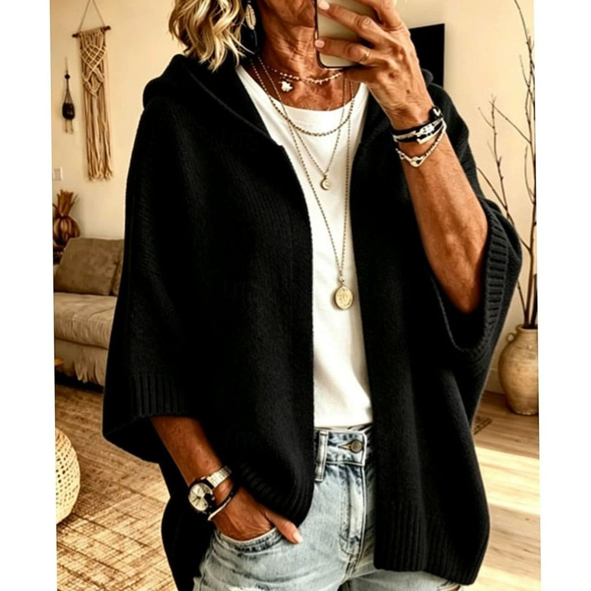 Women's Hooded Open-Front Relaxed-Fit Knit Cardigan