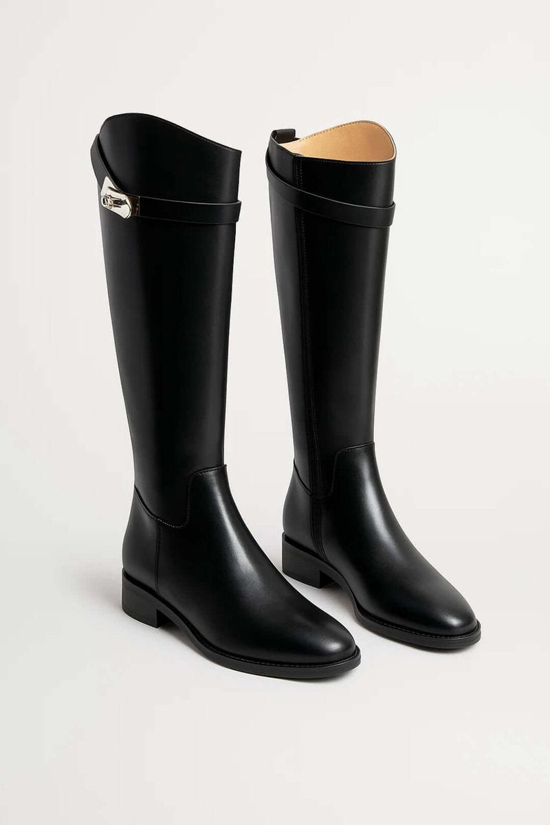 Women's Knee-High Leather-Look Buckle Strap Riding Boots