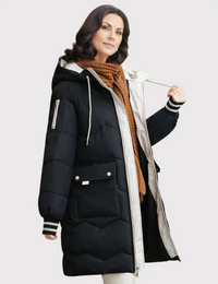 Women's Knee-Length Hooded Jacket with Front Zip and Ribbed Cuffs