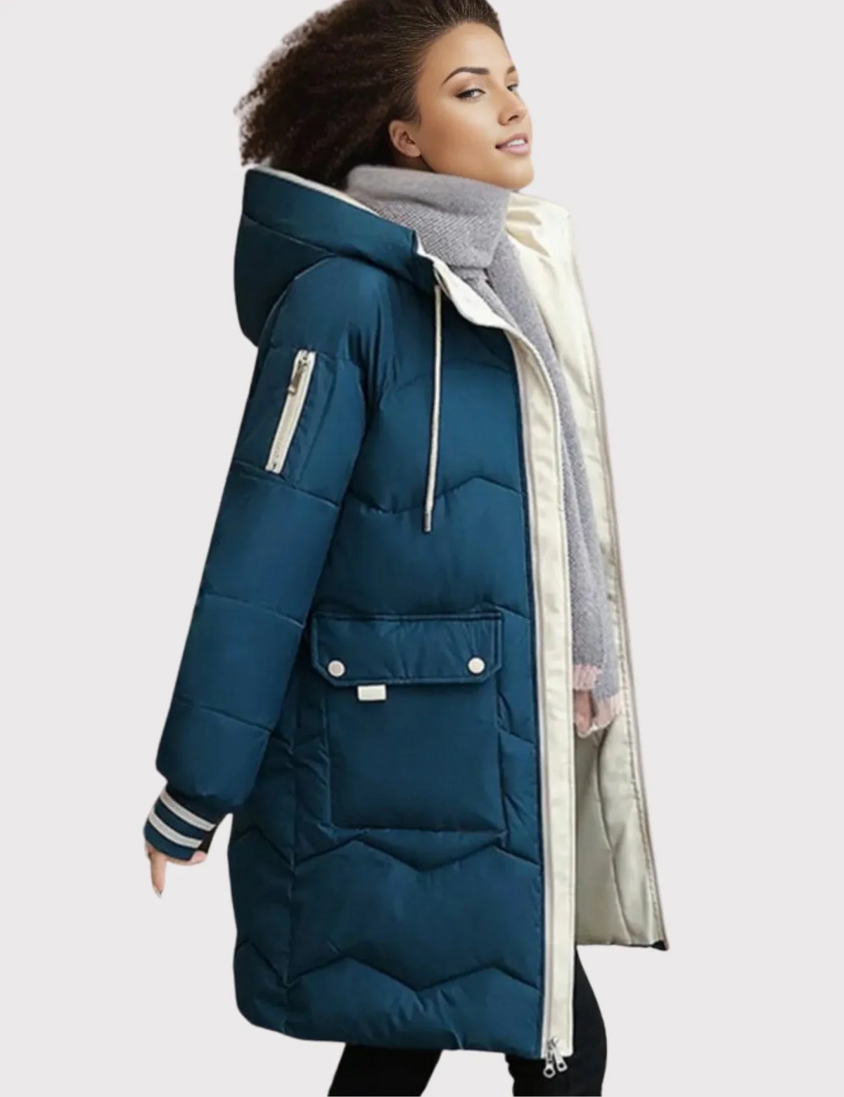 Women's Knee-Length Hooded Jacket with Front Zip and Ribbed Cuffs