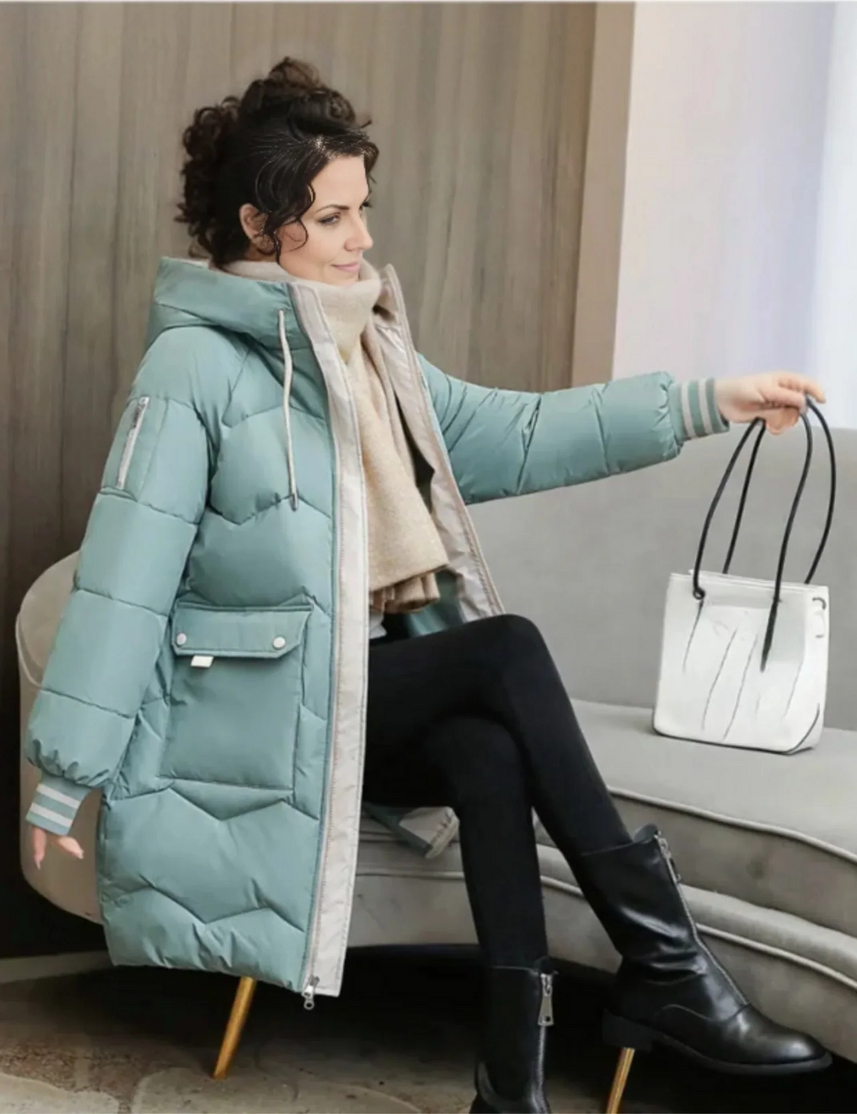 Women's Knee-Length Hooded Jacket with Front Zip and Ribbed Cuffs