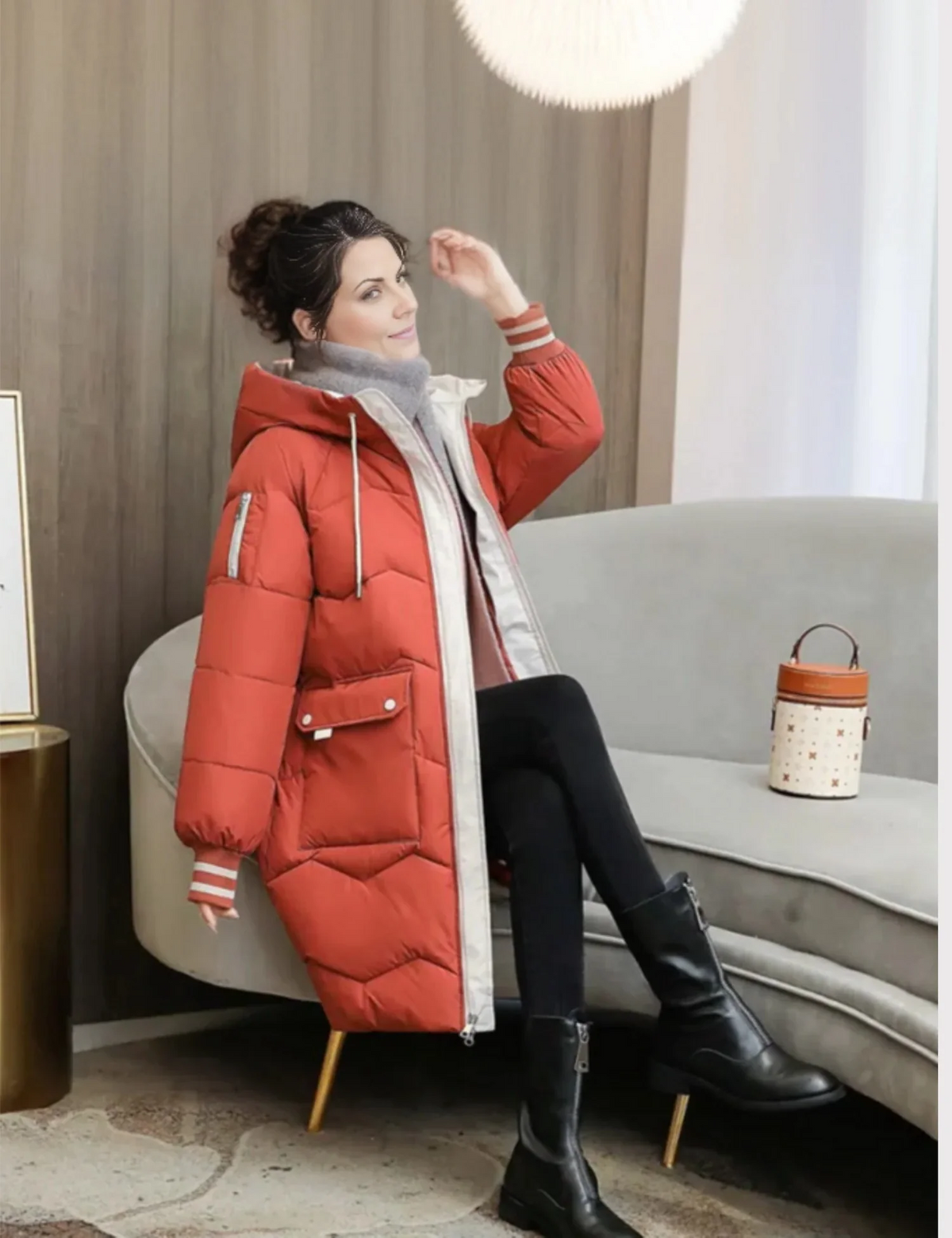 Women's Knee-Length Hooded Jacket with Front Zip and Ribbed Cuffs