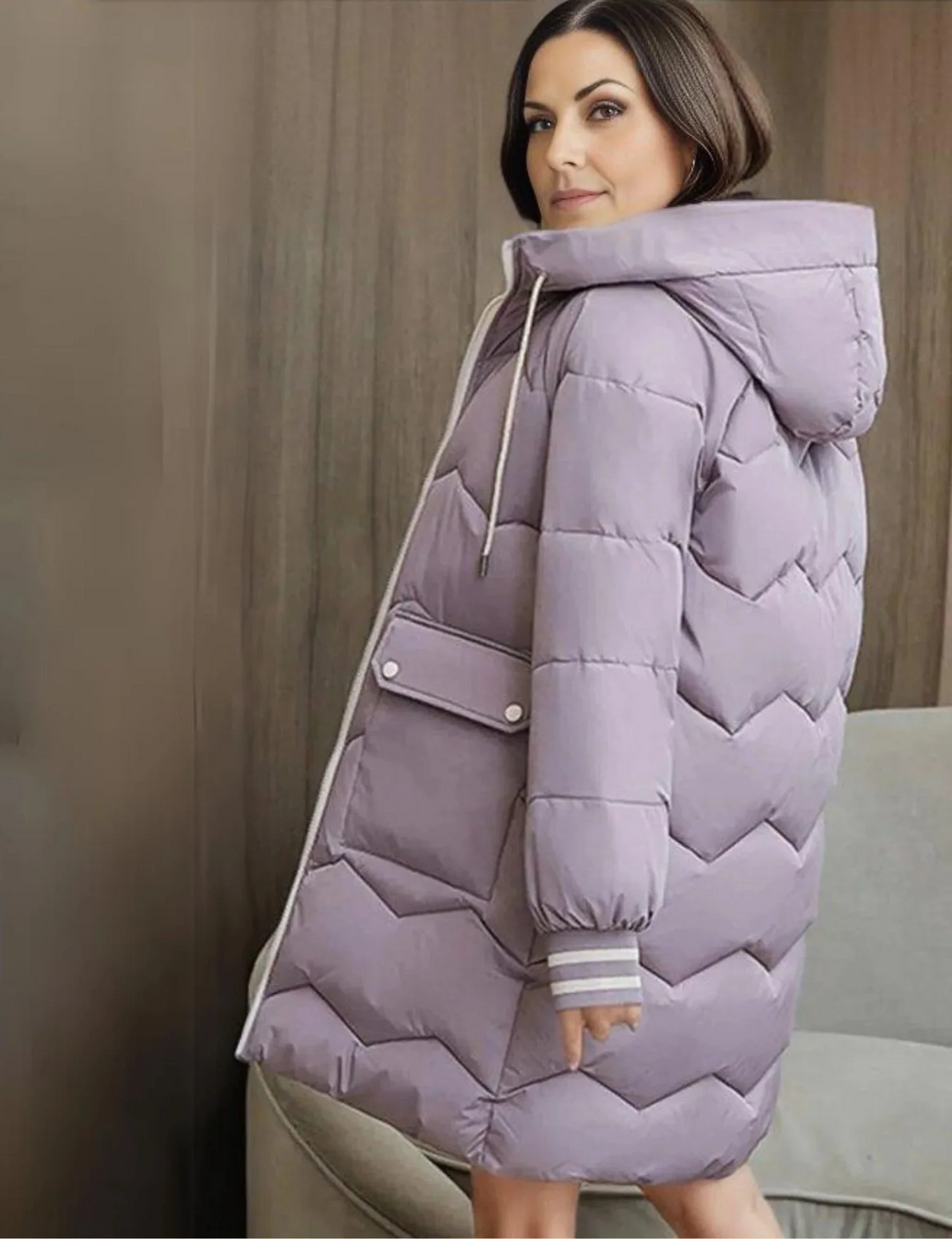Women's Knee-Length Hooded Jacket with Front Zip and Ribbed Cuffs