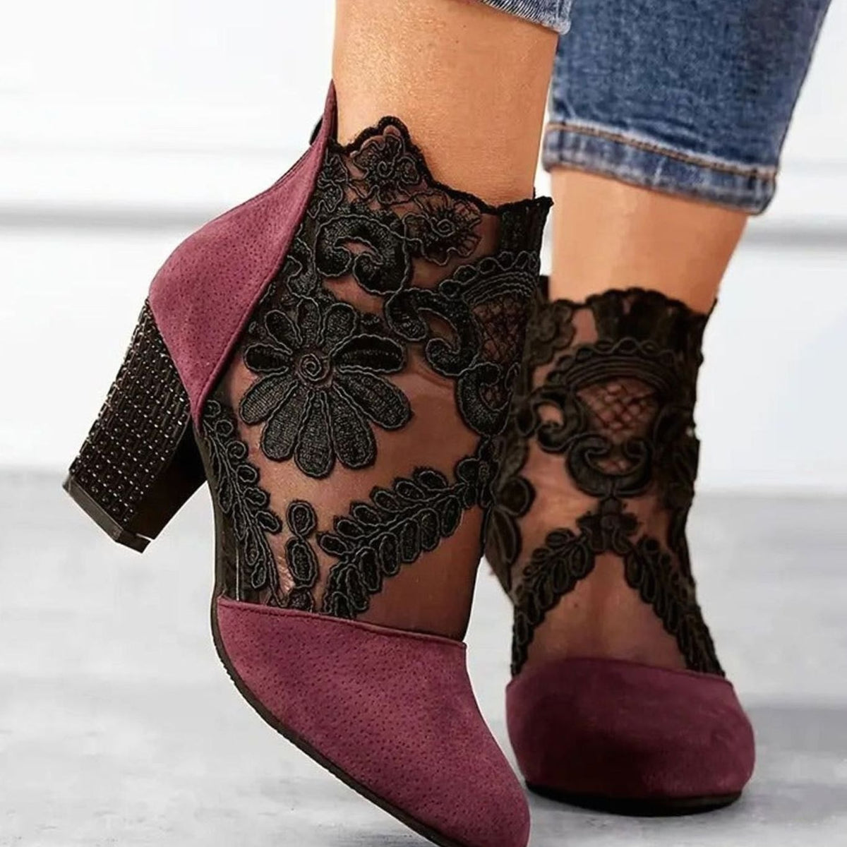 Women's Lace Embroidered Block Heel Ankle Boots
