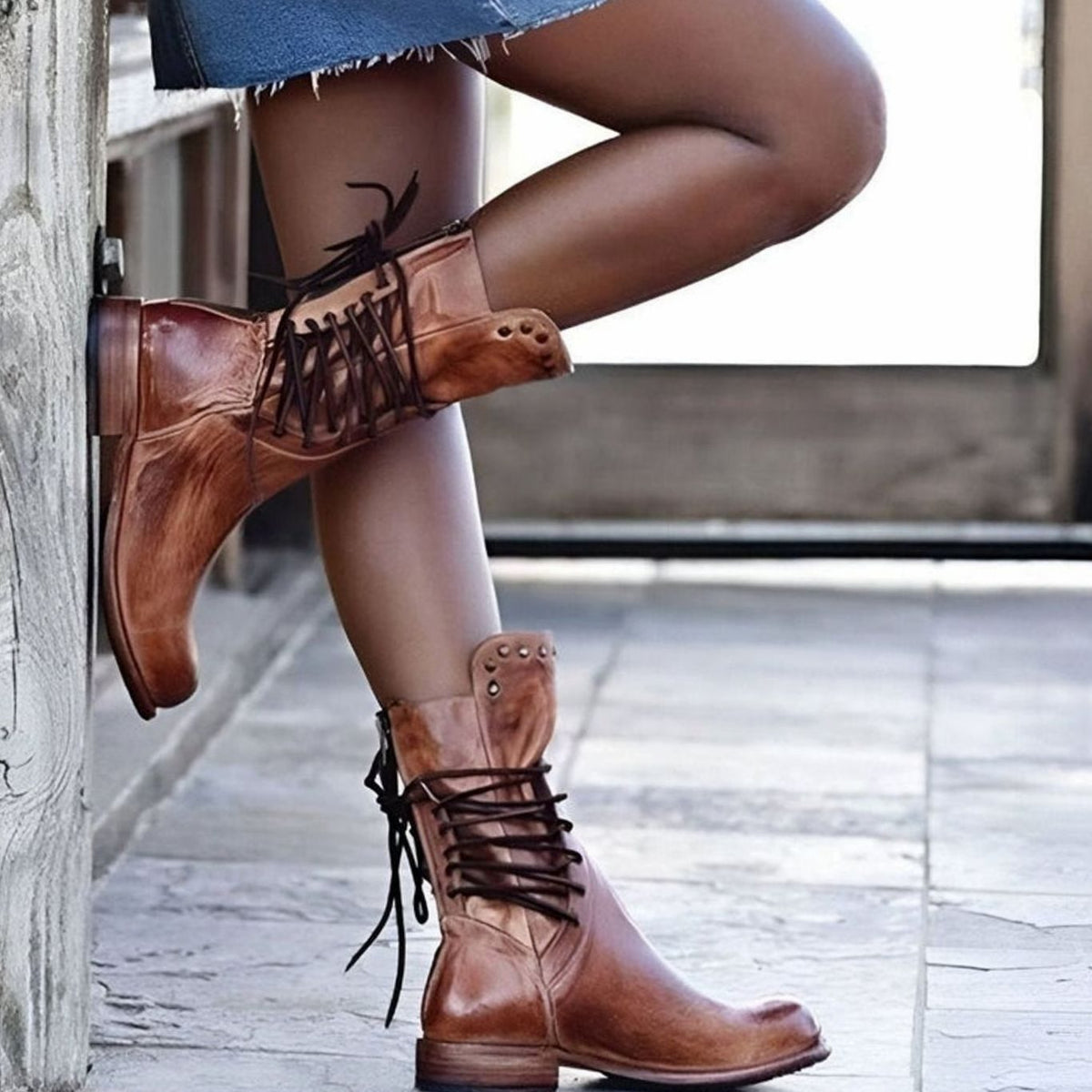 Women's Lace-Up Leather-Look Mid-Calf Boots
