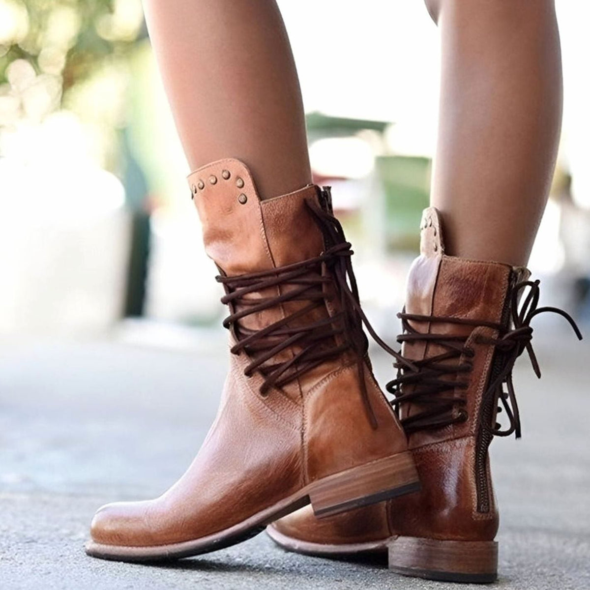 Women's Lace-Up Leather-Look Mid-Calf Boots