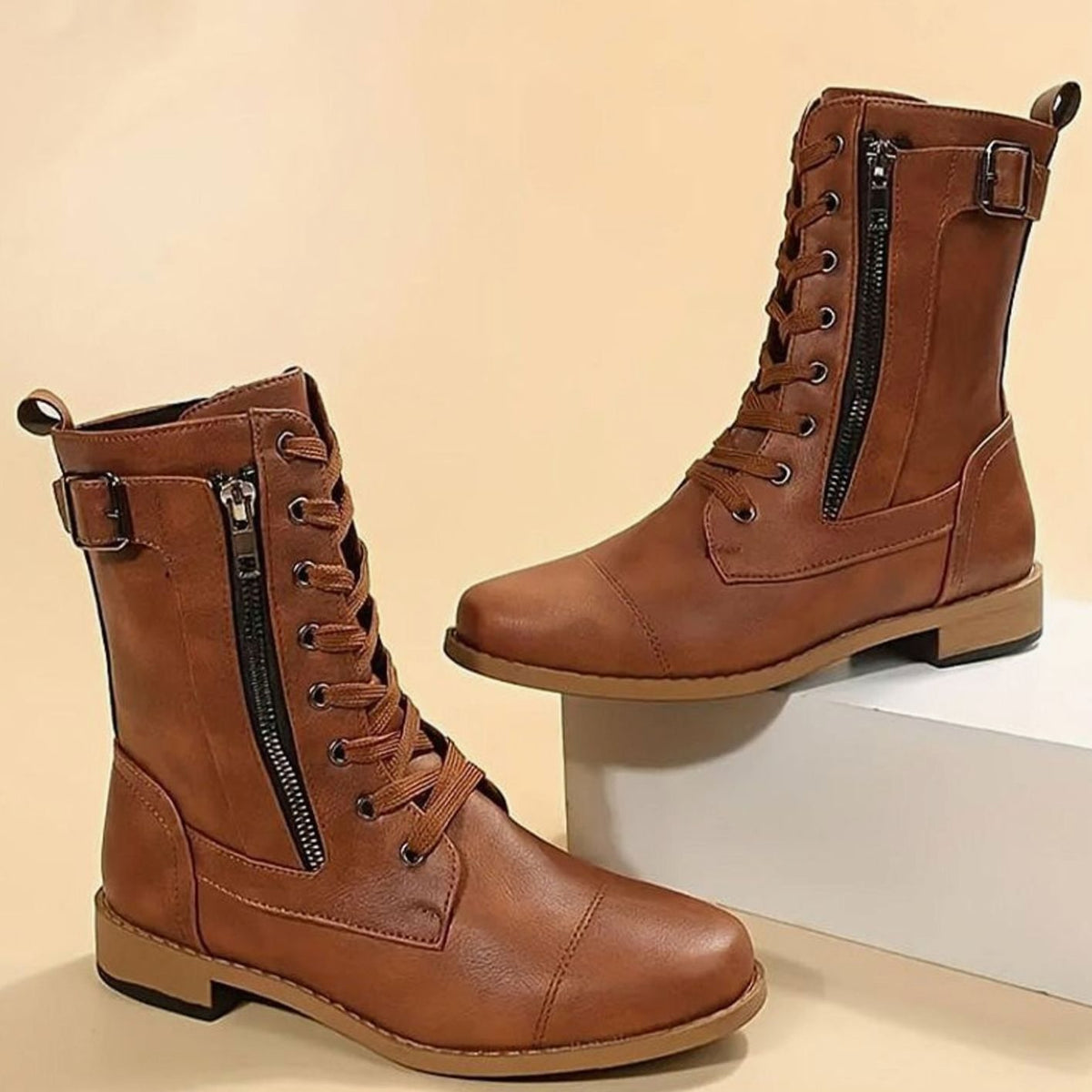 Women's Lace-Up Side-Zip Faux Leather Combat Boots