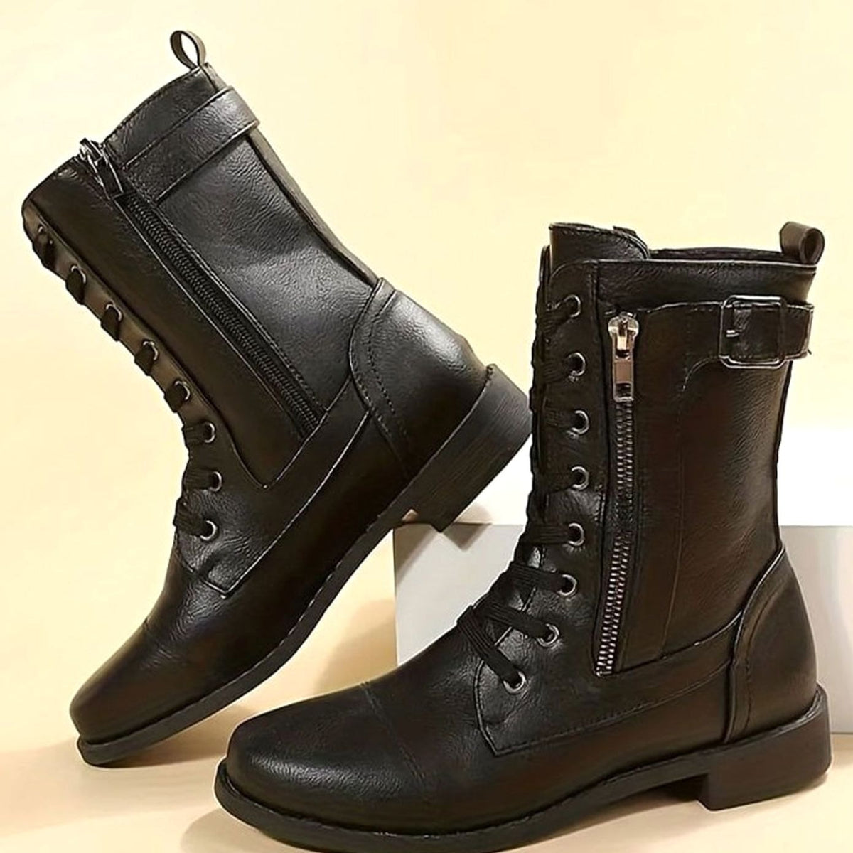 Women's Lace-Up Side-Zip Faux Leather Combat Boots