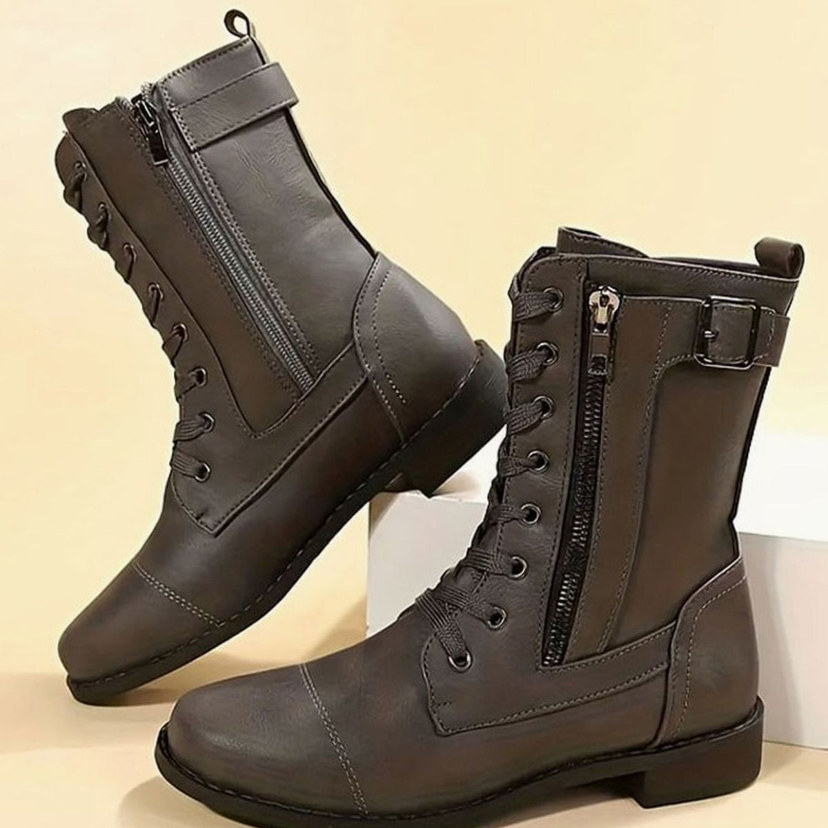 Women's Lace-Up Side-Zip Faux Leather Combat Boots