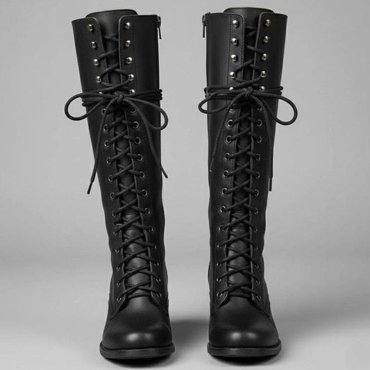 Women's Lace-Up Studded Block Heel Knee-High Boots