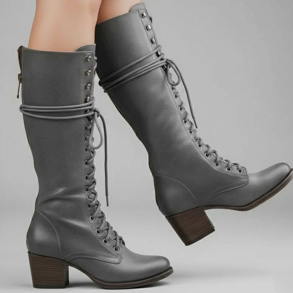 Women's Lace-Up Studded Block Heel Knee-High Boots