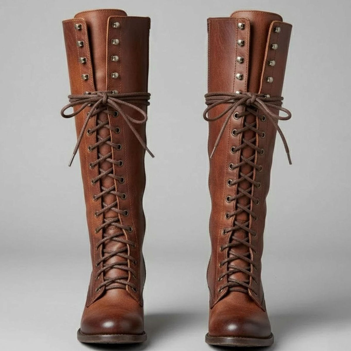Women's Lace-Up Studded Block Heel Knee-High Boots