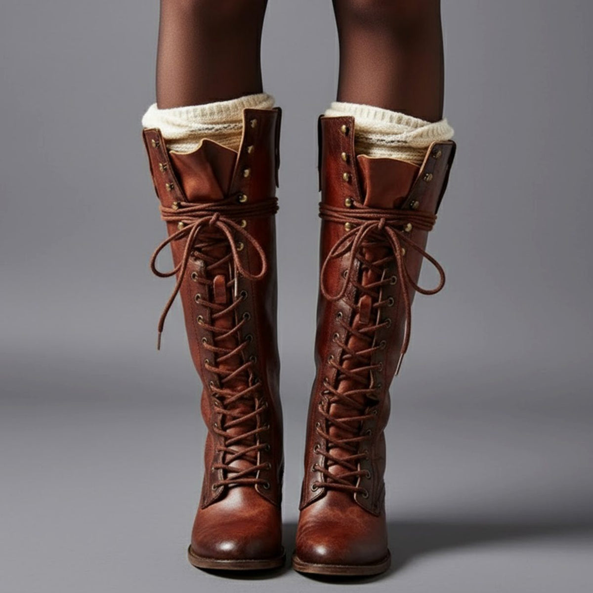 Women's Lace-Up Studded Block Heel Knee-High Boots