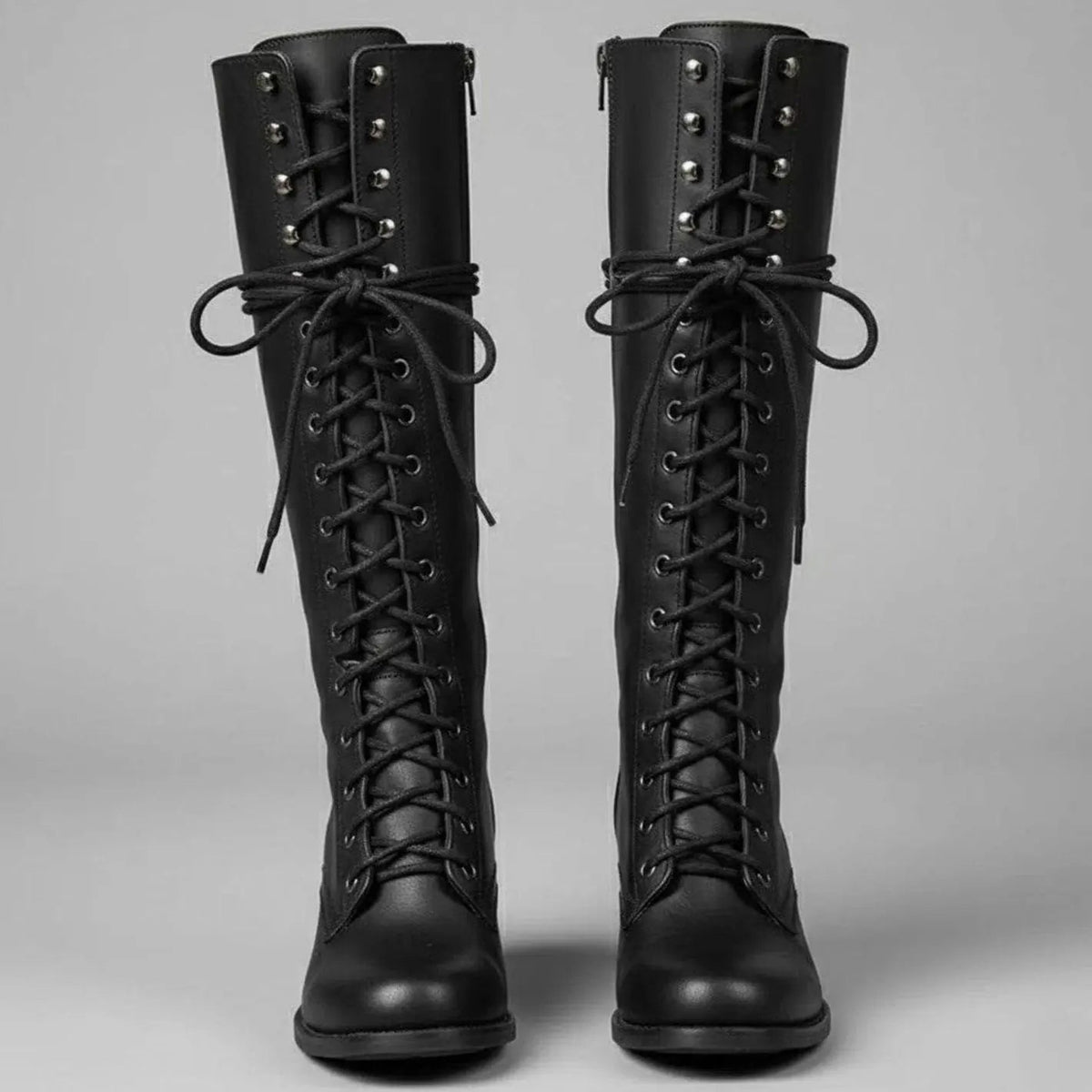 Women's Lace-Up Studded Knee-High Block Heel Boots