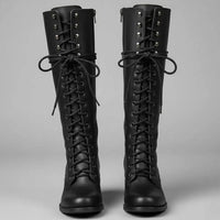 Women's Lace-Up Studded Knee-High Block Heel Boots