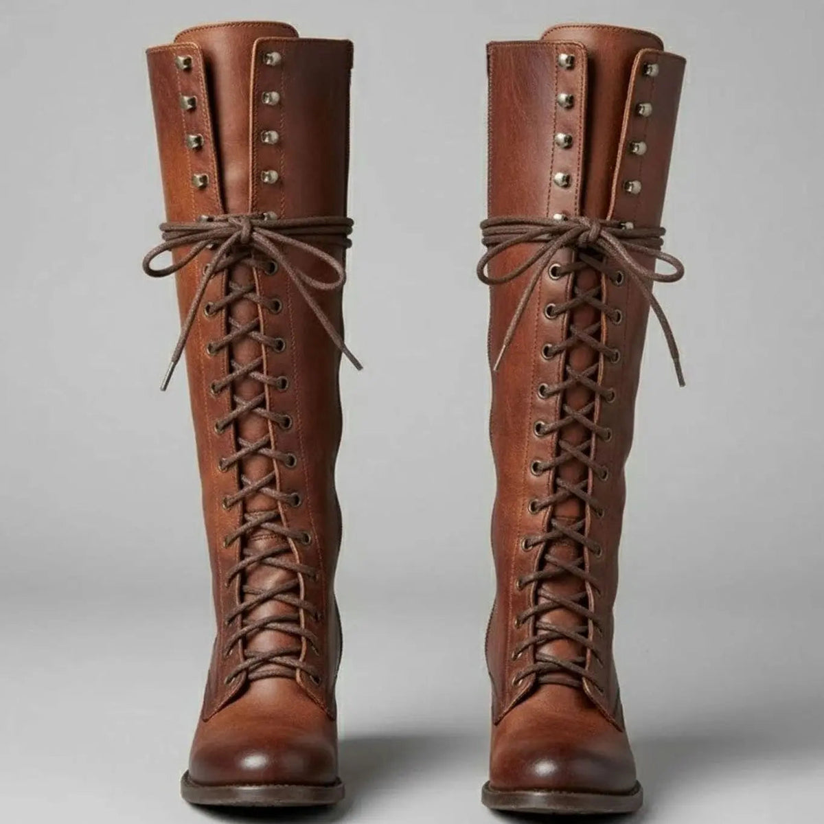 Women's Lace-Up Studded Knee-High Block Heel Boots