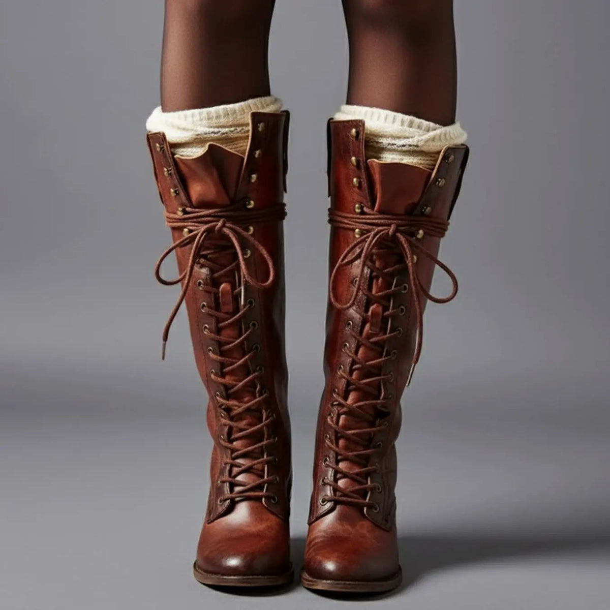 Women's Lace-Up Studded Knee-High Block Heel Boots
