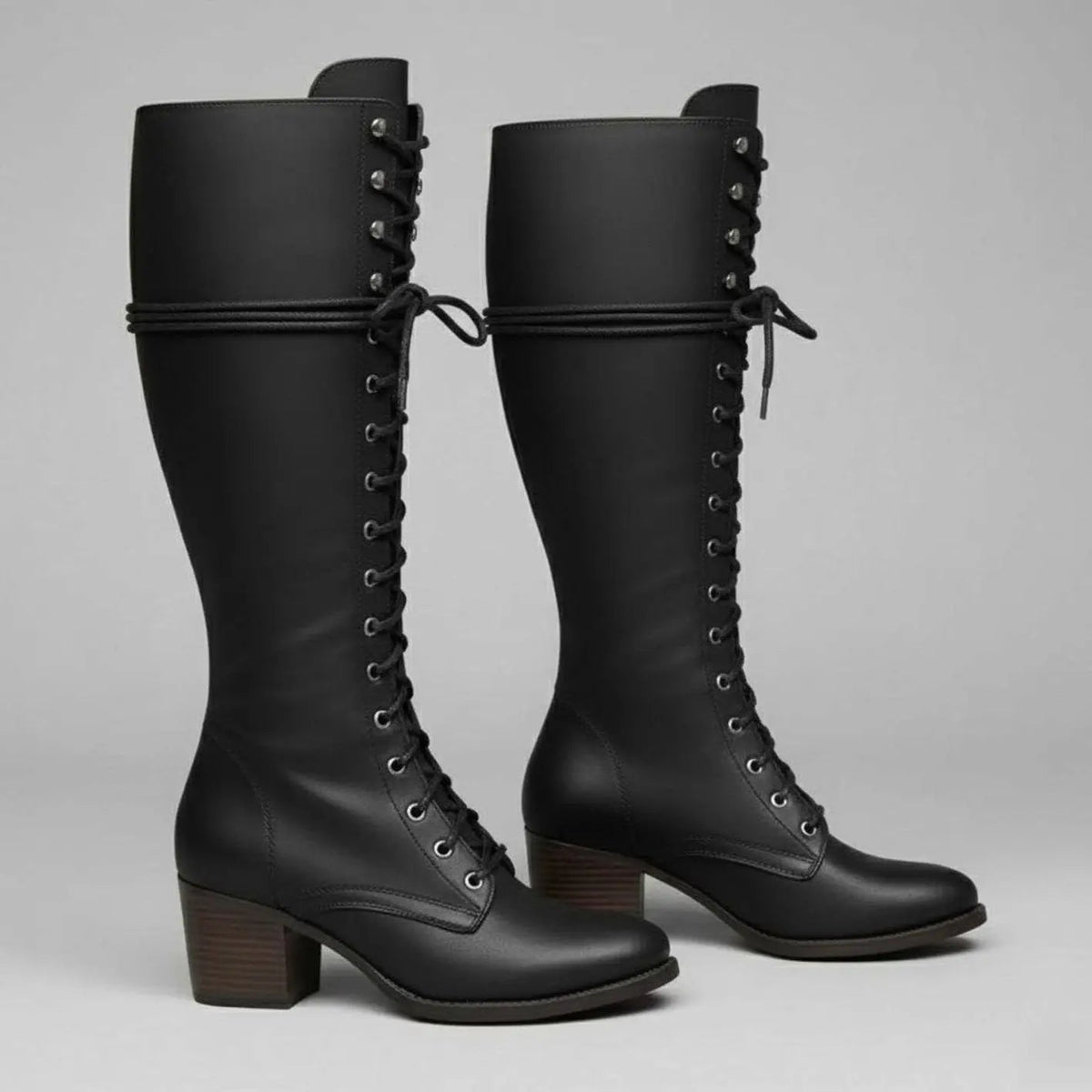 Women's Lace-Up Studded Knee-High Block Heel Boots