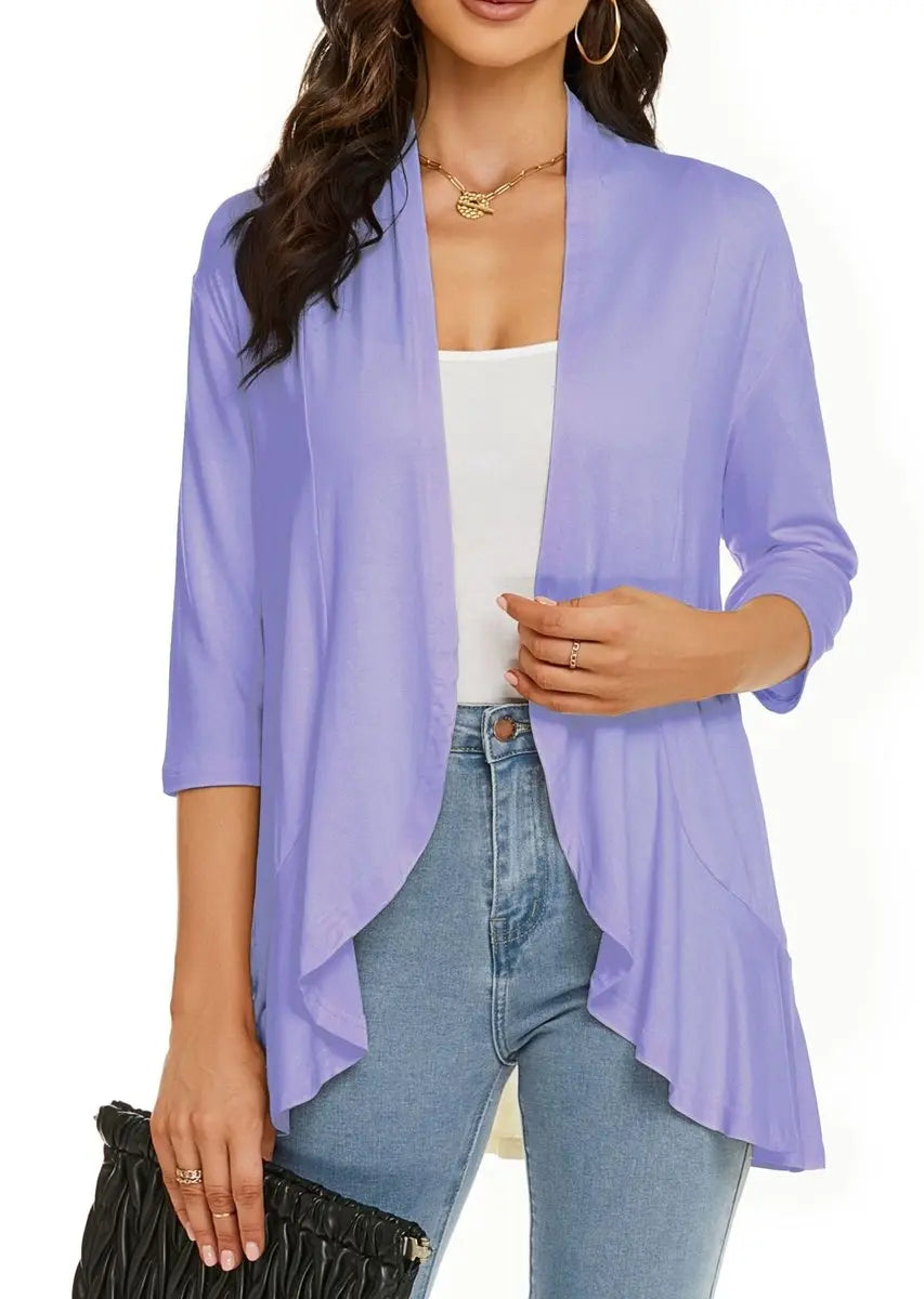 Women's Lightweight 3/4-Sleeve Draped Open-Front Cardigan