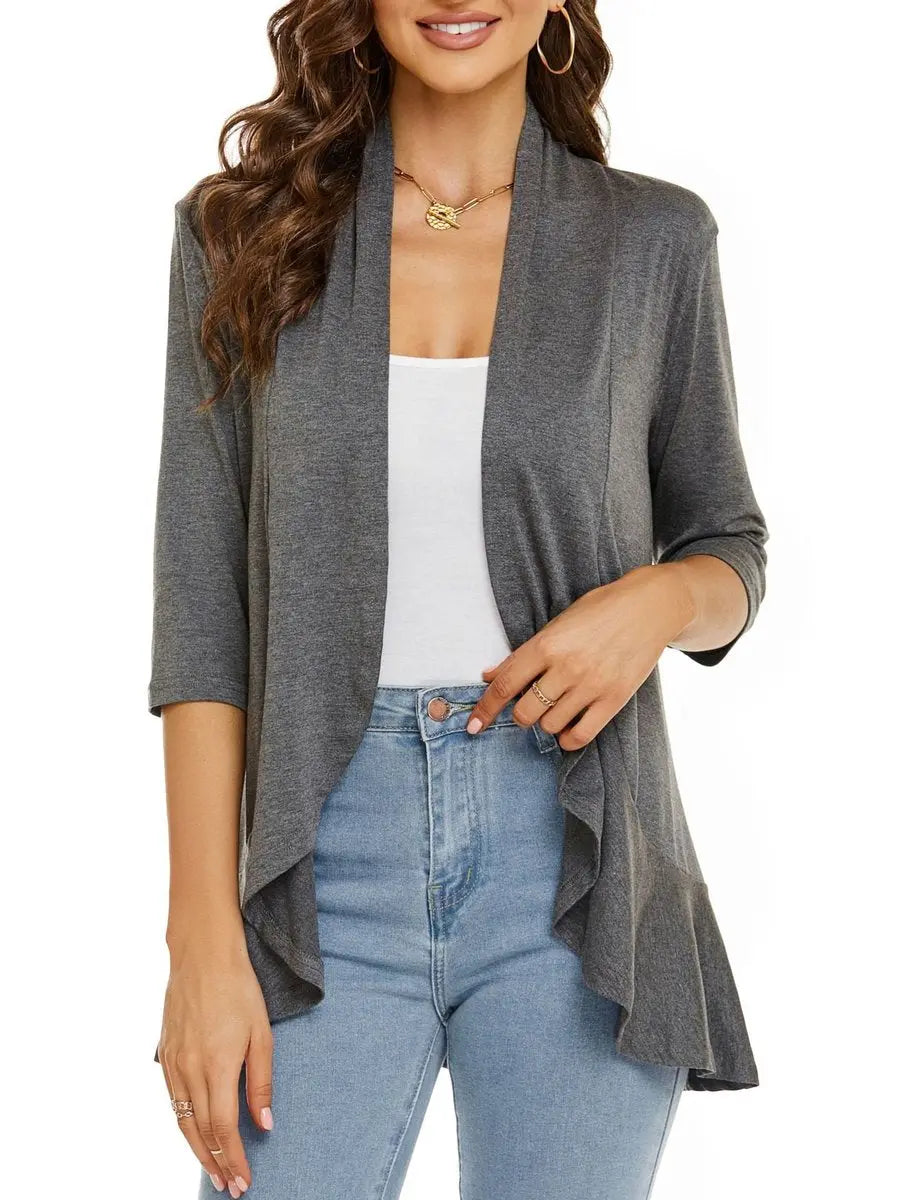Women's Lightweight 3/4-Sleeve Draped Open-Front Cardigan