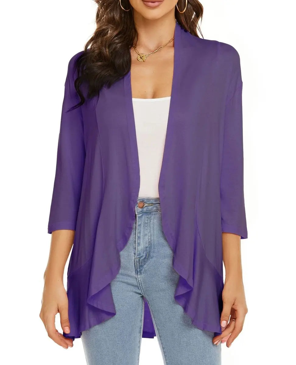 Women's Lightweight 3/4-Sleeve Draped Open-Front Cardigan