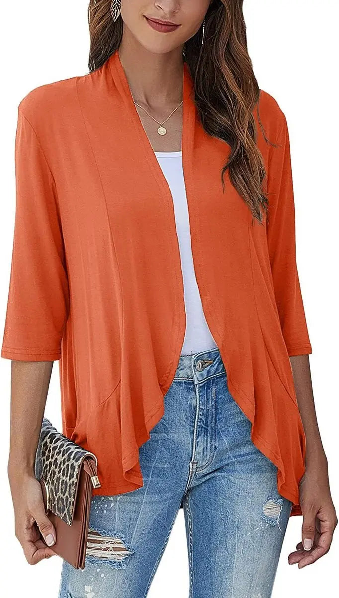 Women's Lightweight 3/4-Sleeve Draped Open-Front Cardigan