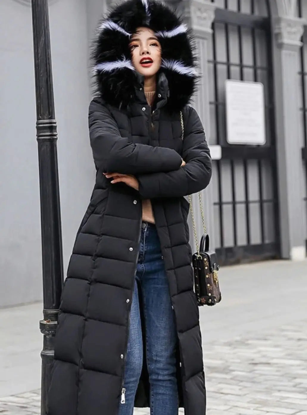Women's Long Belted Quilted Hooded Puffer Coat with Fur Trim